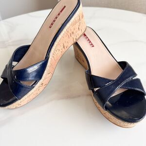 Prada Navy Patent Leather Cork Wedge Sandals EU 39.5